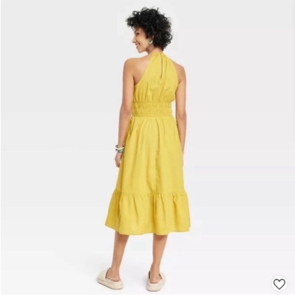 a new day Halter Midi Smocked Tiered Waist Dress in Mustard Yellow NWT L - Picture 2 of 9
